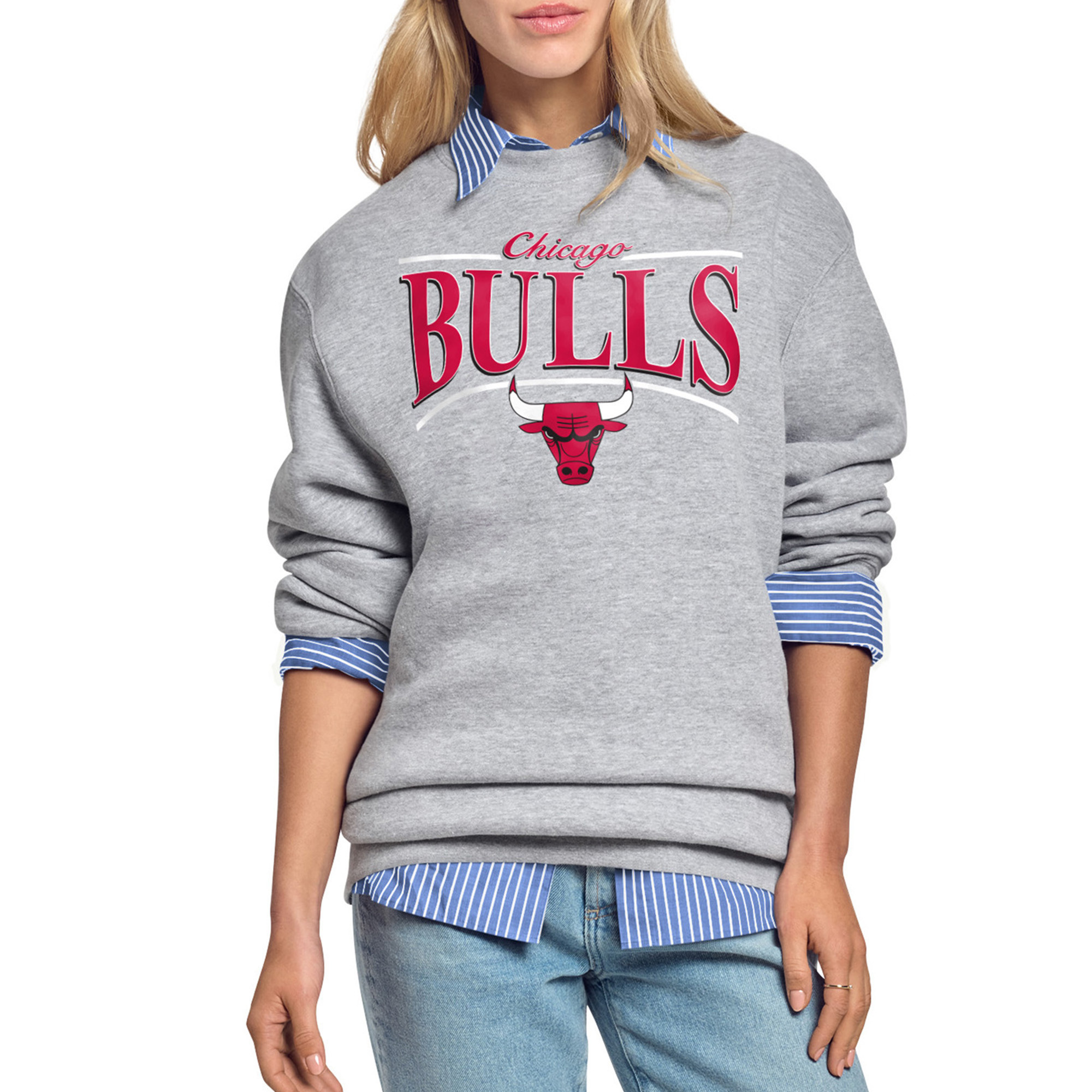 Women's Starter Gray Chicago Bulls Arch Stripe Fleece Crewneck Sweatshirt | NBA Shop