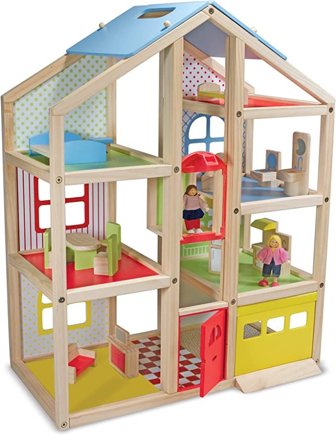 Melissa & Doug Hi-Rise Wooden Dollhouse With 15 pcs Furniture - Garage and Working Elevator | Amazon (US)