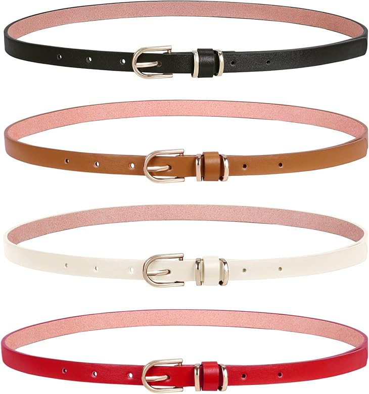 LEACOOLKEY 4 PACK Skinny Leather Belt for Women Dress Thin Waist Belt with Gold Buckle for Jeans | Amazon (US)