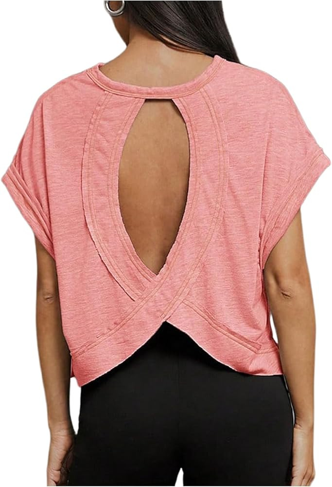SOLY HUX 2024 Open Back Tops for Women Criss Cross Cut Out Tee Backless Casual Short Sleeve Round... | Amazon (US)