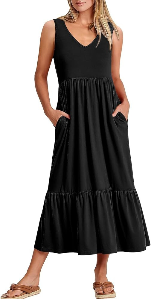 ANRABESS Women's Summer Casual Sleeveless V Neck Swing Dress Fit & Flare Flowy Tiered Maxi Beach ... | Amazon (US)