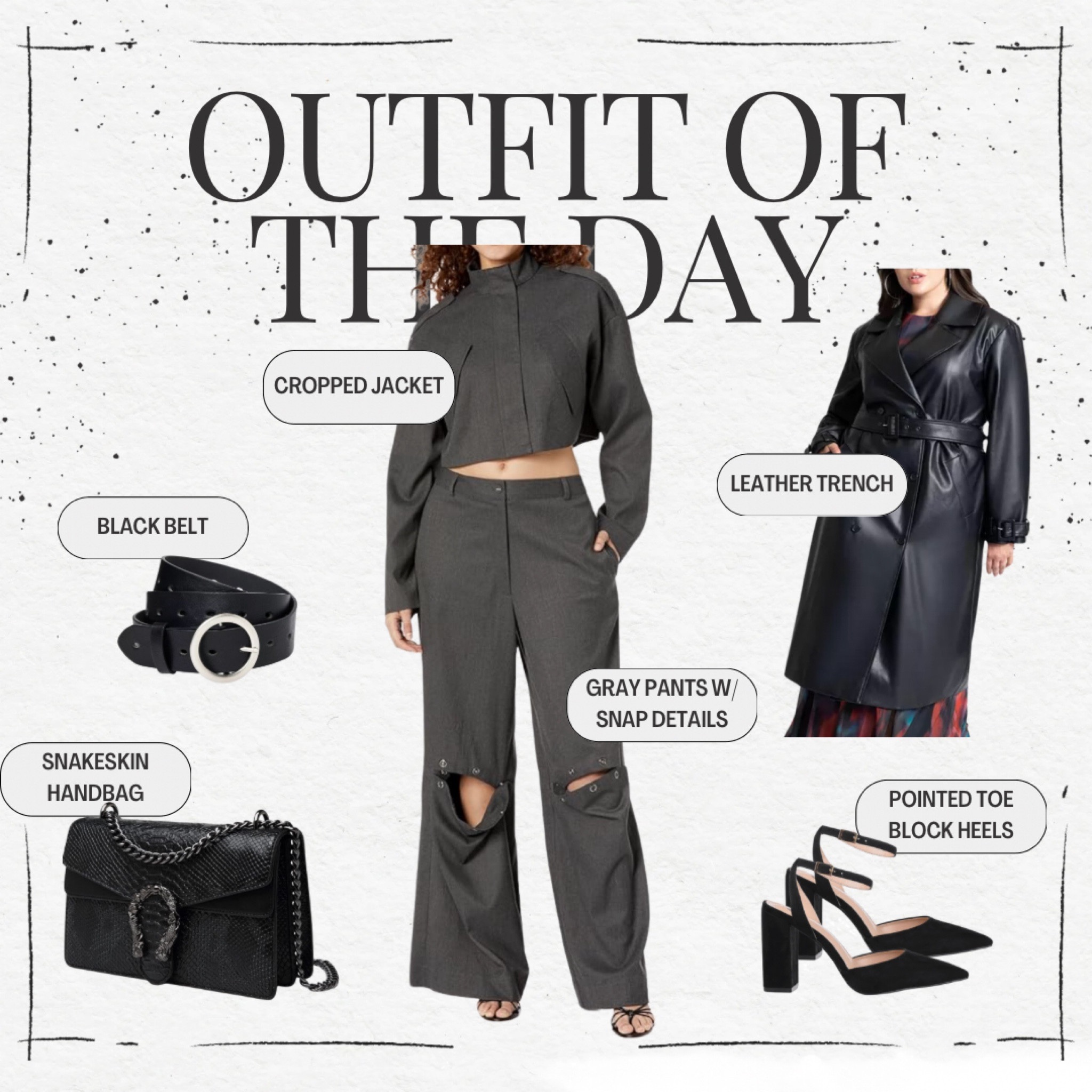 This matching gray set with snap-detail pants is effortlessly cool and versatile. Pairing the cropped jacket with wide-leg pants creates a sleek silhouette while the snaps add a touch of edge. I added a black belt to define the waist, a mini faux snakeskin handbag for a pop of texture, and pointed-toe block heels to elongate the legs. 

A leather trench layered on top takes the look from casual to polished. Whether you’re attending an event or meeting friends, this edgy outfit keeps you chic and comfortable.

#LTKPlusSize #LTKFindsUnder100 #LTKWorkwear
