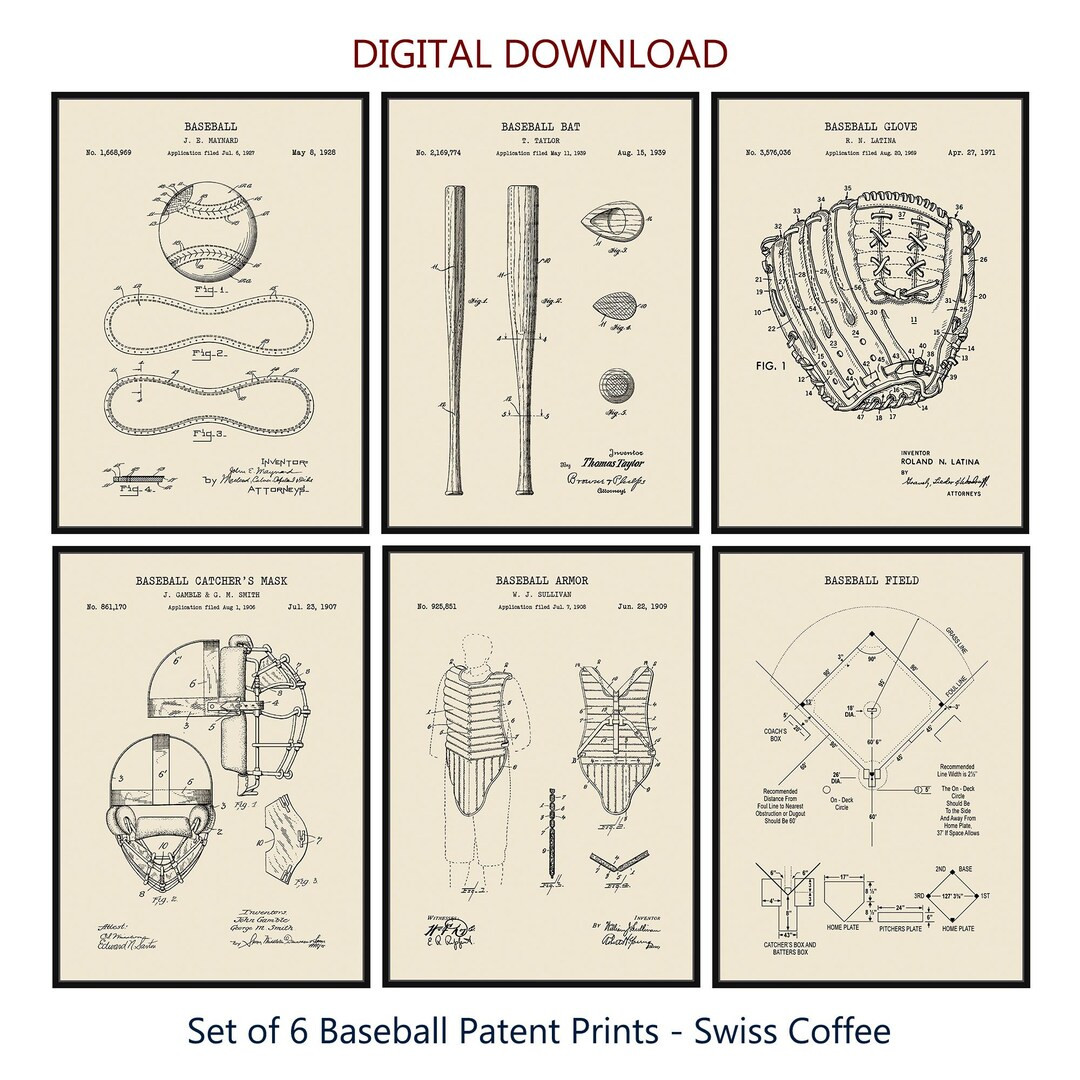 Vintage Baseball Patent Print Set of 6 | Baseball Gift for Coach & Player | Office Wall Art Decor... | Etsy (US)