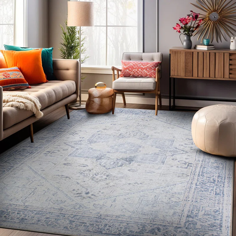 Somona Machine Washable Oriental Flatweave Performance Blue/Ivory Area Rug | Wayfair North America