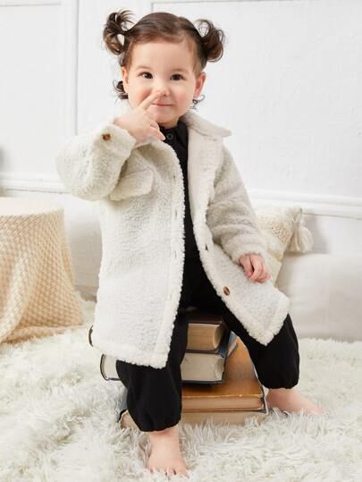 Baby Button Front Flap Detail Teddy Coat | SHEIN