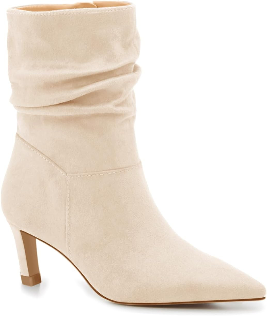 Coutgo Women's Slouch Ankle Boots Kitten Low Heel Pointed Toe Zip Booties | Amazon (US)