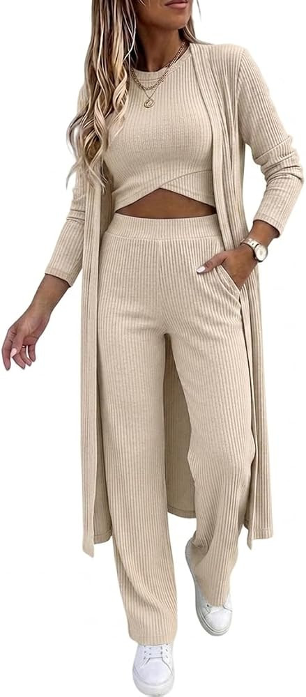 CHICME Women's 3 Piece Lounge Set Ribbed Cardigan Tank Wide Leg Pant | Amazon (US)