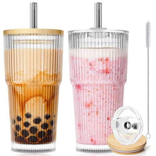 KEMORELA 20oz Ribbed Glass Tumblers with Reusable Stainless Steel Straws, Bamboo & Leak-Proof Dual Lids, Extra-Wide 13mm straw, 2Pc Vintage Drinking Glasses for Boba,Iced Coffee, Smoothies,Travel Cups | Amazon (US)