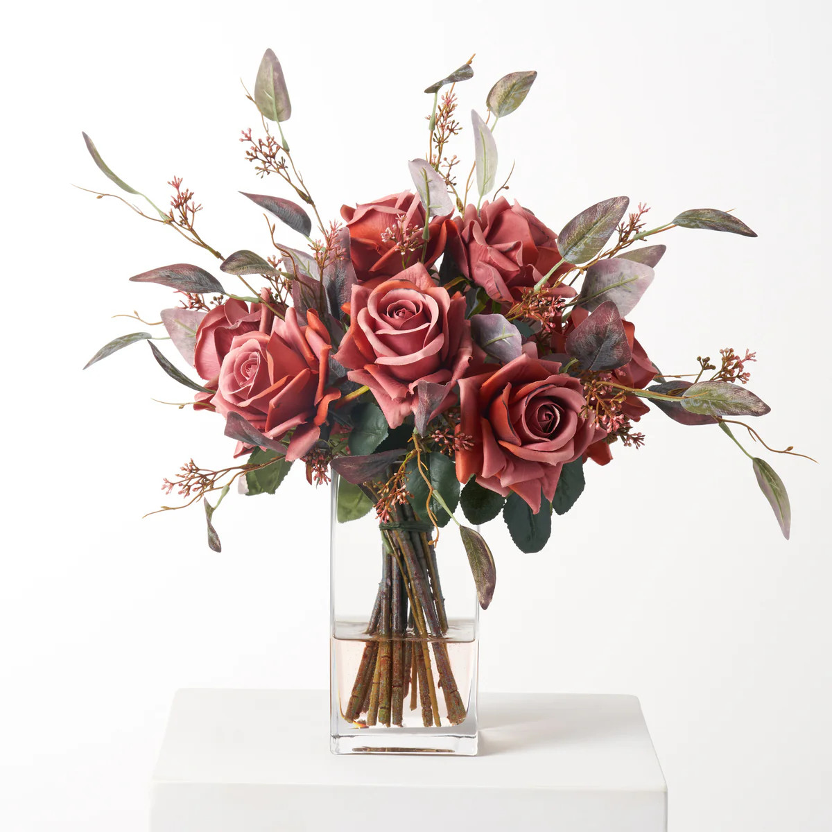 Terracotta Rose & Purple Green Seeding Eucalyptus Bouquet in Rectangle Vase Fall Floral Arrangeme... | Darby Creek Trading
