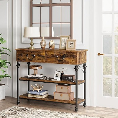 Narrow Console Table, Vintage Brown - 39.4" Length, 2 Drawers & 2 Shelves, Industrial Metal Frame, 150lb Capacity | Target