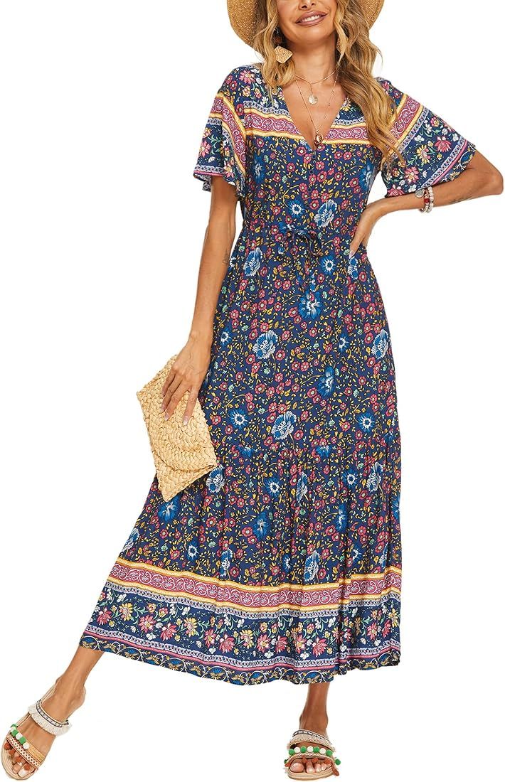Zeagoo Women's V Neck Bohemian Dress Floral Printed Maxi Dress Short Sleeve Beach Party Dress | Amazon (US)