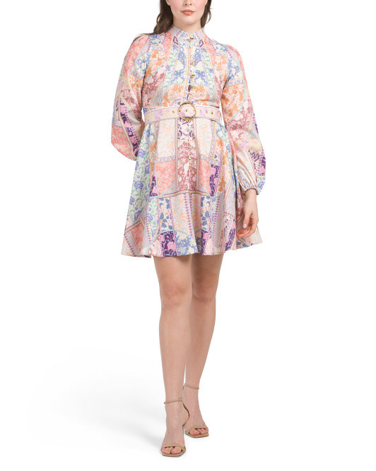 Patchwork Long Sleeve Mini Dress With Belt | TJ Maxx