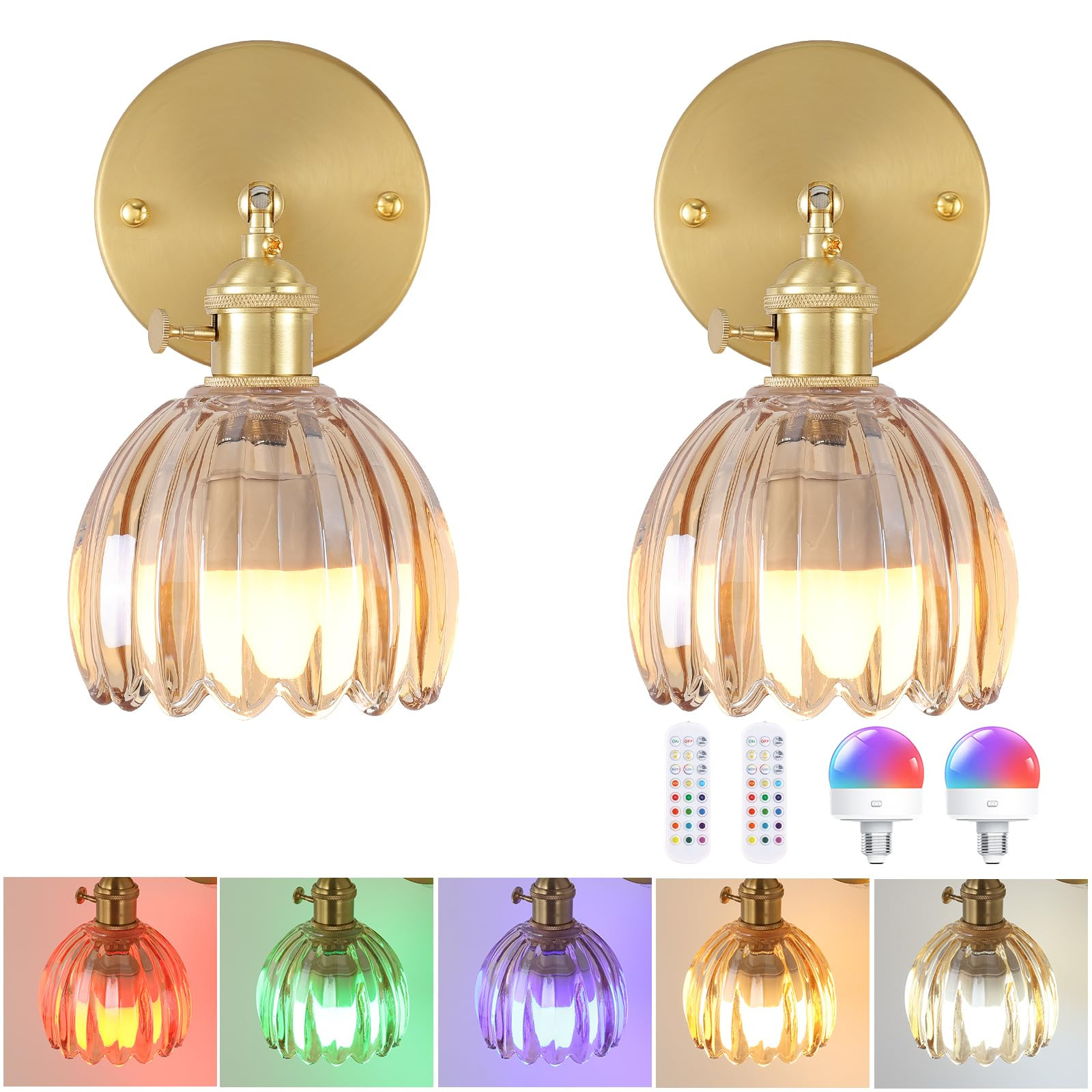 Vintage Battery Operated Wall Sconce with Amber Tulip Glass Lampshade Wireless Rechargeable Batte... | Amazon (US)