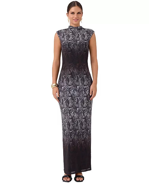 Women's Coco Mesh Midi Snake-Print Mock-Neck Cap-Sleeve Dress | Macy's