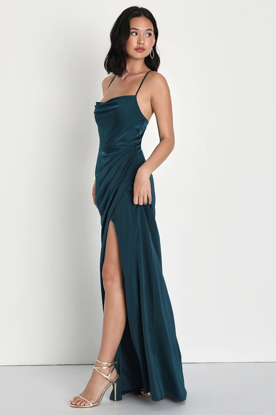 Moments of Beauty Dark Teal Satin Cowl Neck Tulip Maxi Dress | Lulus