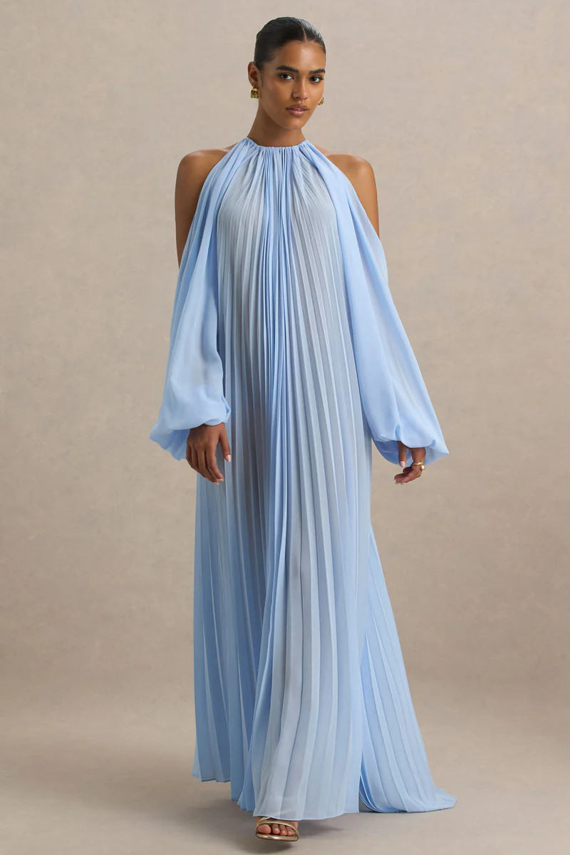 Reyna  Powder Blue Pleated Chiffon Cold-Shoulder Maxi Dress | Club L London