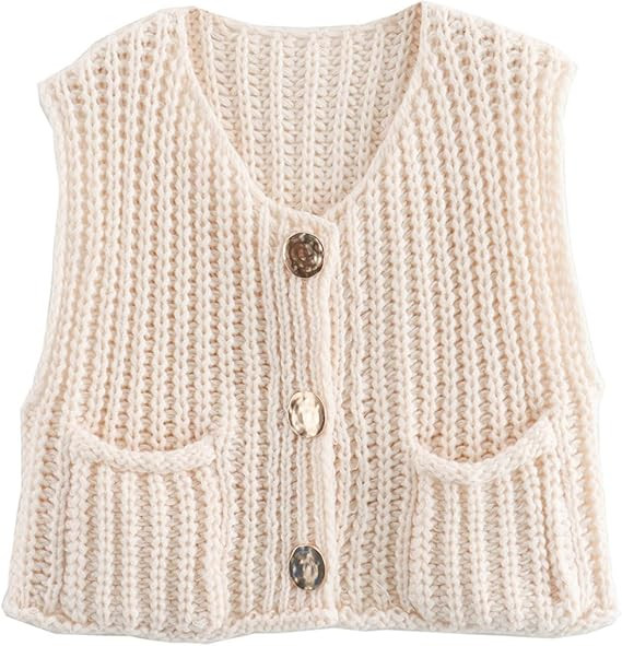 Womens Button Down Crop Sweater Vest Sleeveless Cable Knit Cropped Cardigan with Pockets | Amazon (US)