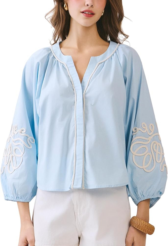 Esmeling Women Floral Embroidered Boho Top V Neck Long Lantern Sleeve Shirt Summer Fall Dressy Ca... | Amazon (US)