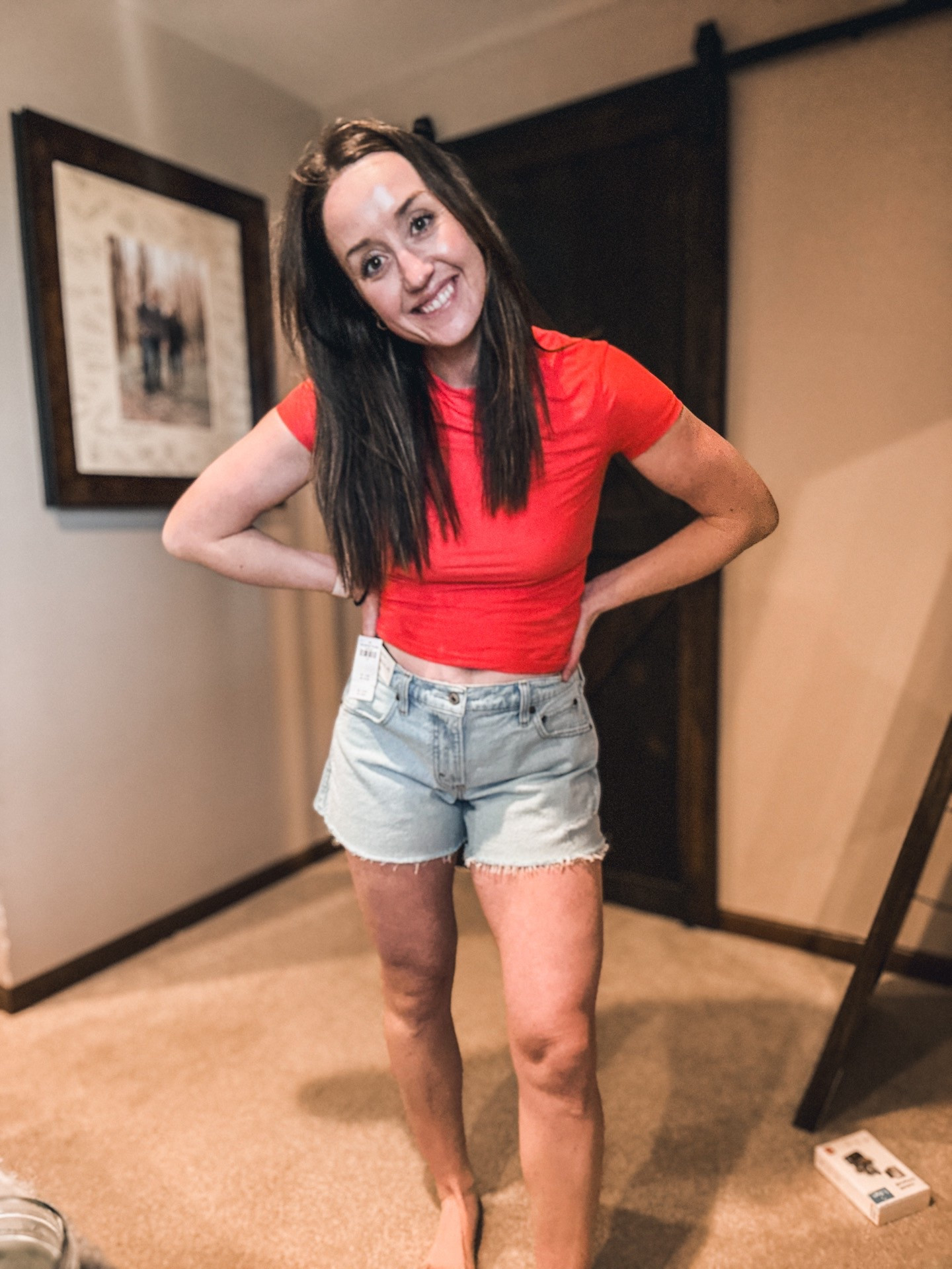 The a line short - mid rise and looser. Wearing a size 27. Top is double lined buttery material in a small