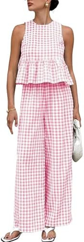 Womens 2 Piece Outfits Sets Gingham Plaid Sleeveless Ruffle Tank Tops and Wide Leg Pants Summer M... | Amazon (US)