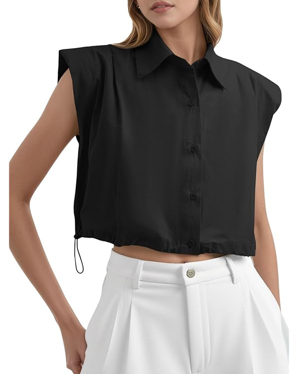 Tankaneo Womens Sleeveless Button Down Shirts Casual Loose V Neck Pad Shoulder Crop Tank Top | Amazon (US)