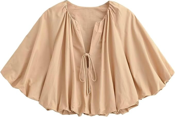 Xunger Women's Tie Poplin Balloon Top Casual Puff Short Sleeve Blouse Cropped V-Neck Ruffle Top | Amazon (US)