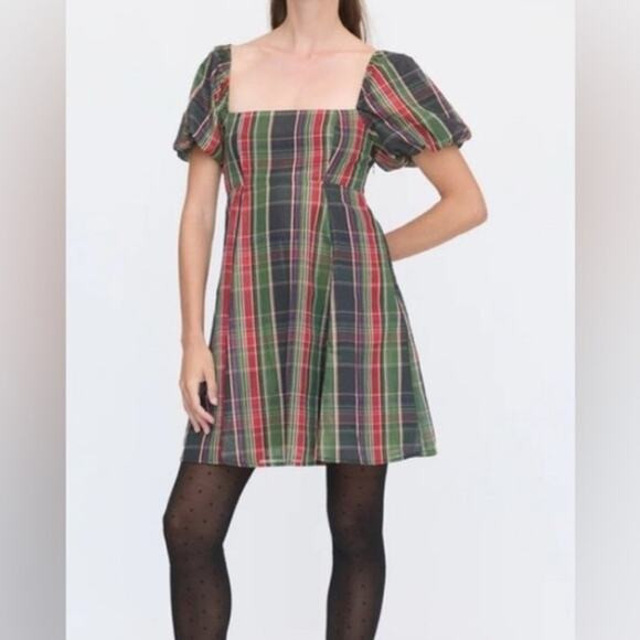 Hill House Matilda Mini Dress Tartan Lame Plaid Puff Sleeve Metallic M NWT | Poshmark