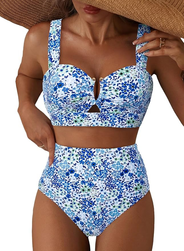 Women's 2 Piece U Wire Cutout Bikini Sets Floral Print High Waisted Swimsuit 2026 Summer Beach Sw... | Amazon (US)