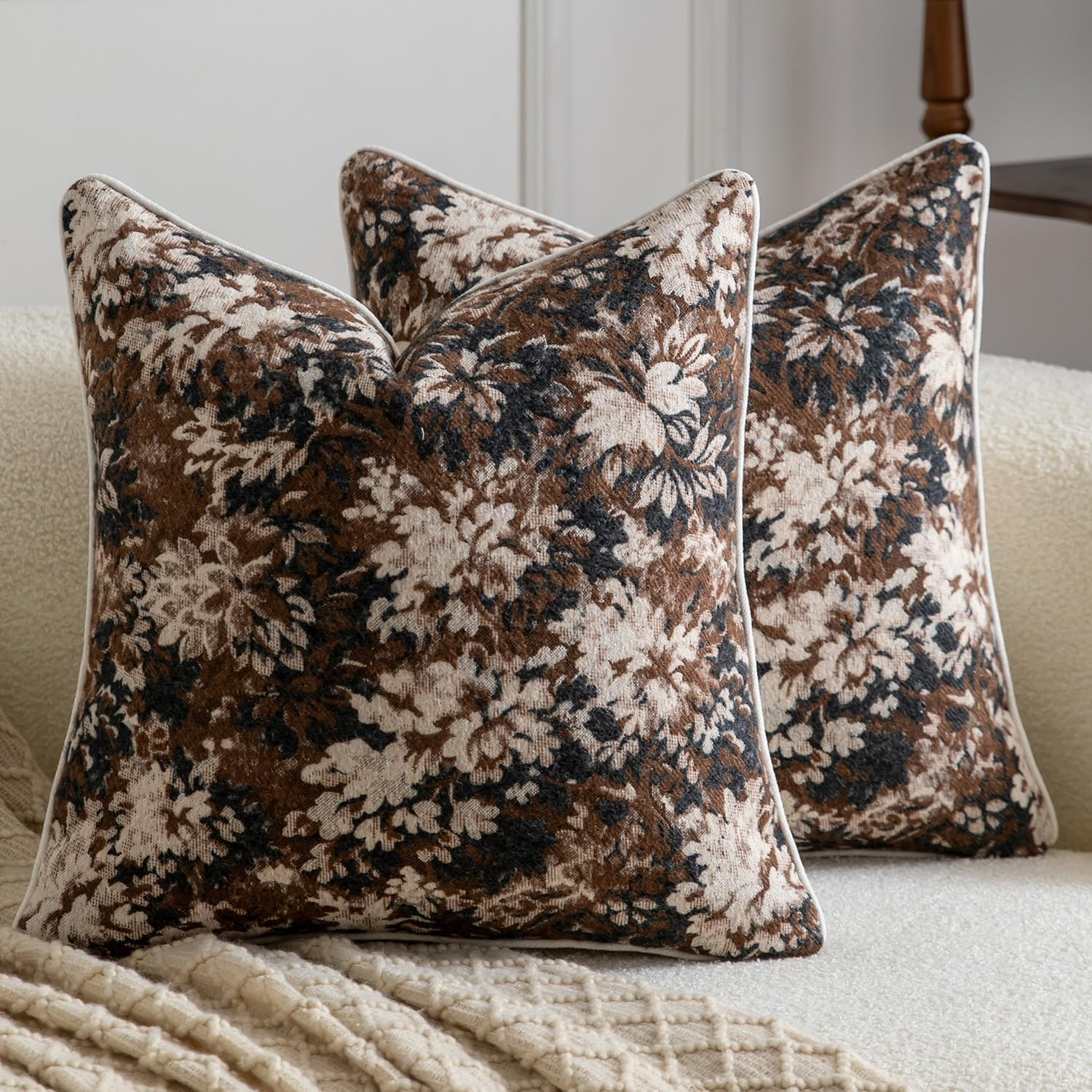 MADIZZ Pack of 2 Decorative Throw Pillow Covers 20x20 Inch Charcoal Cocoa Vintage Floral Throw Pillows Soft Solid Jacquard Cushion Covers for Couch Sofa Bedroom Living Room | Amazon (US)