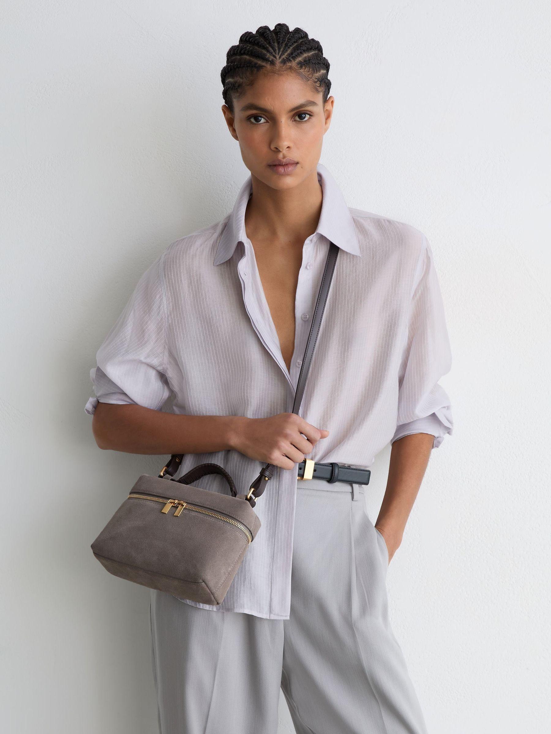 Reiss Suede Vanity Crossbody Bag in Grey - REISS | Reiss UK