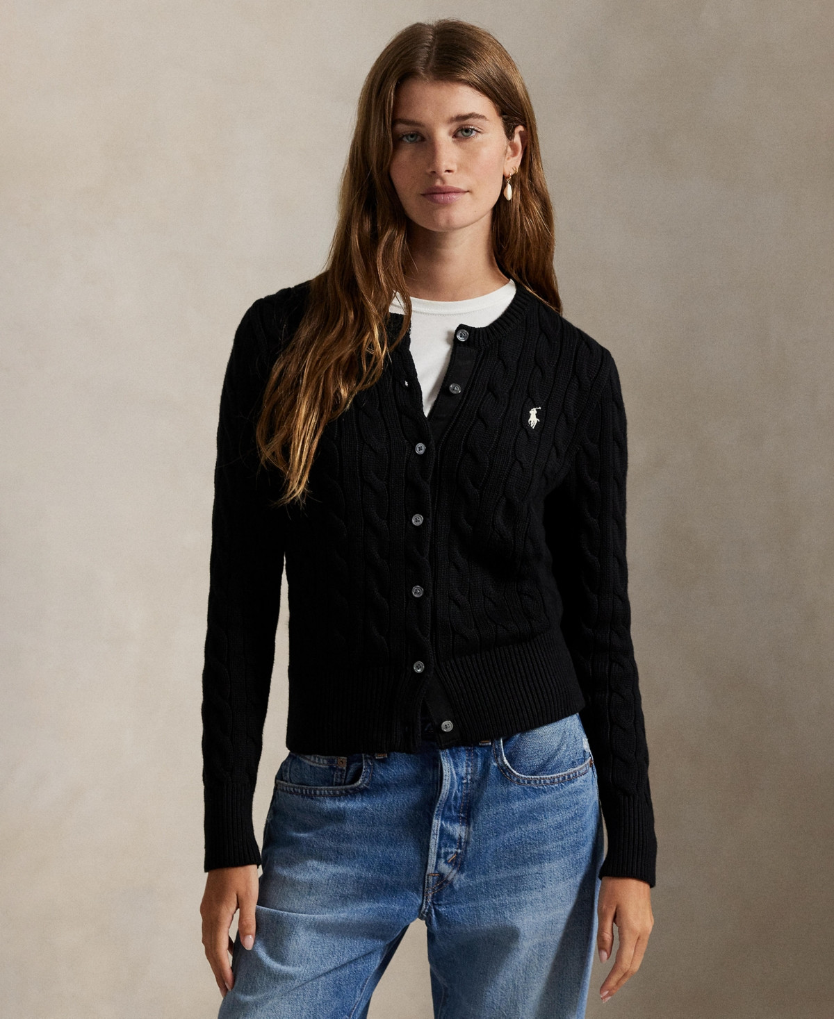 Polo Ralph Lauren Women's Cable-Knit Cotton Crewneck Cardigan Sweater - Polo Black | Macy's