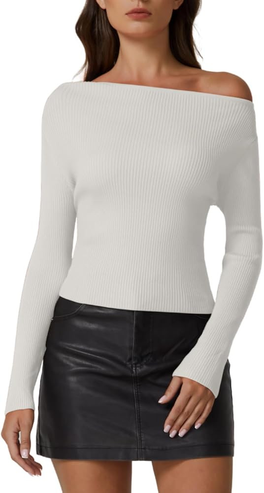QINSEN Womens Asymmetrical Neck Sweater Slim Fit Long Sleeve Knit Pullover Top | Amazon (US)