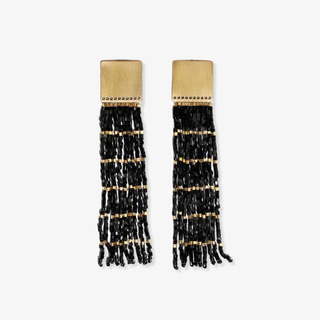 Harlow Brass Top Solid With Gold Stripe Beaded Fringe Earrings Black | INK+ALLOY