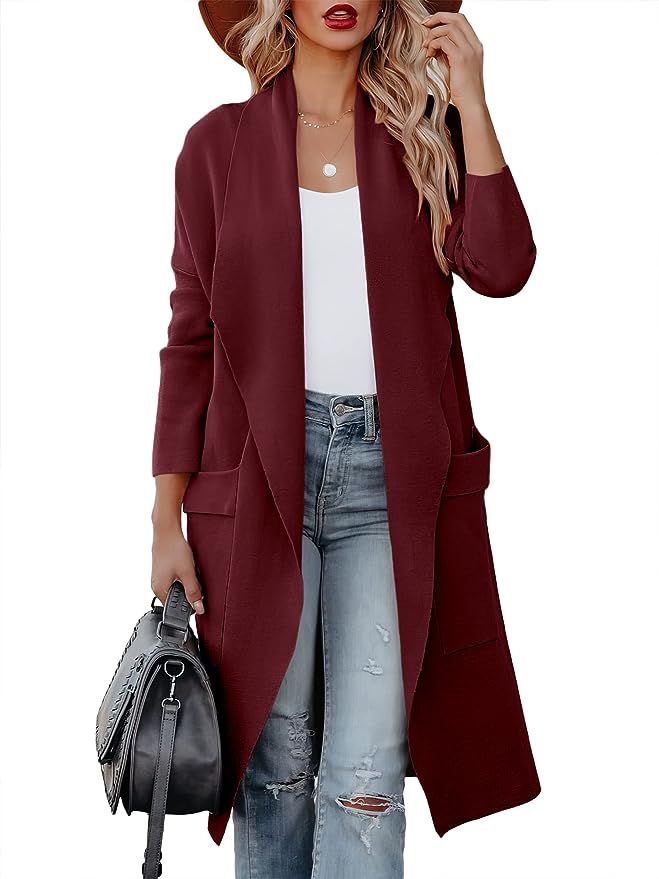 ANRABESS Women's Casual Long Sleeve Draped Open Front Knit Pockets Long Cardigan Jackets Sweater | Amazon (US)