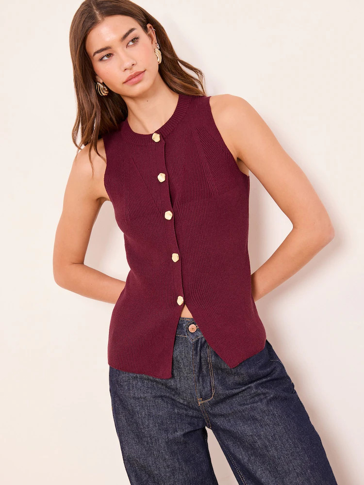 Lipsy Burgundy Red Longline Knitted Sleeveless Waistcoat | Next AU