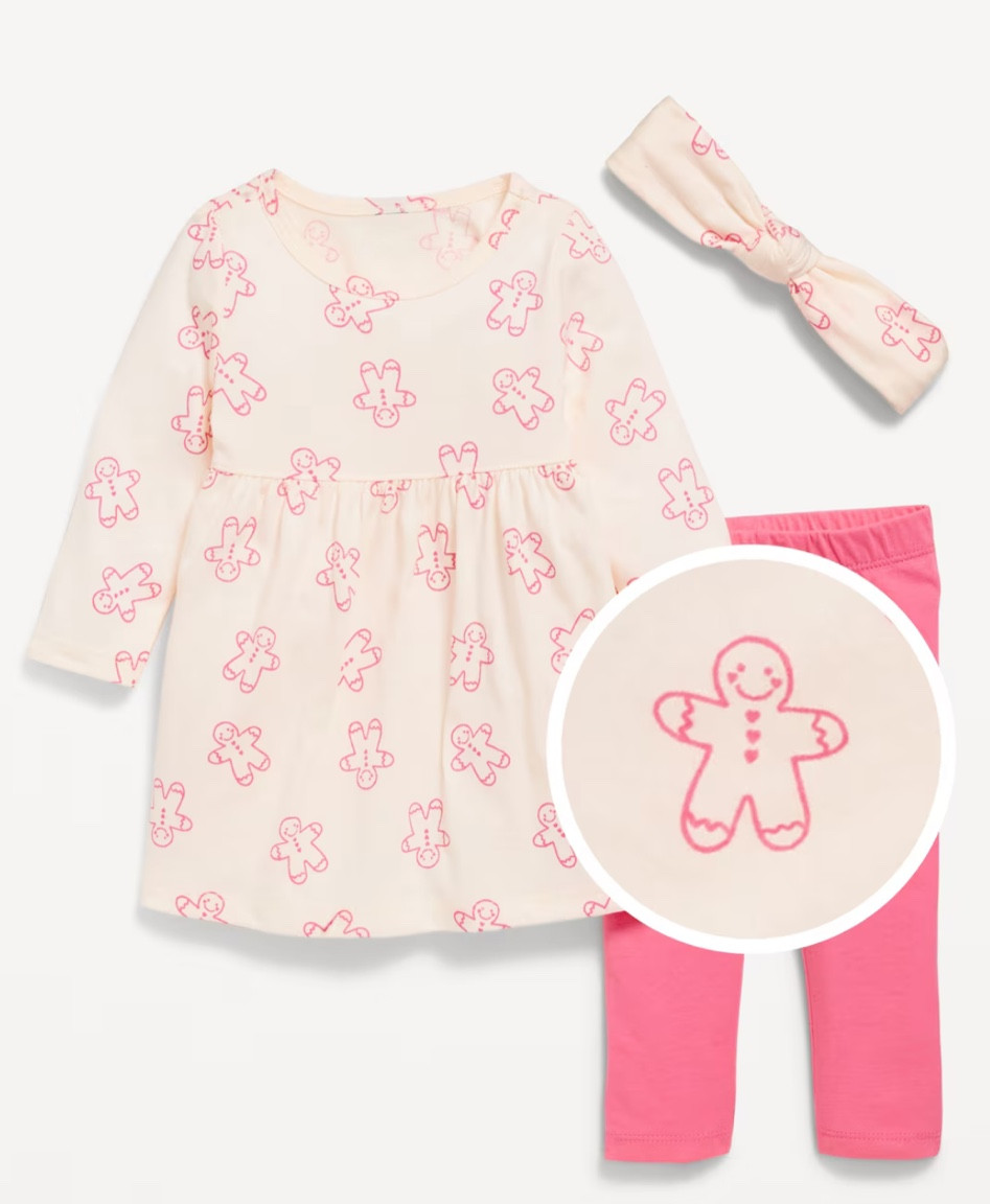 cutest pink gingerbread print Tshirt dress with matching headband and pink leggings 

#LTKHoliday #LTKBaby #LTKKids
