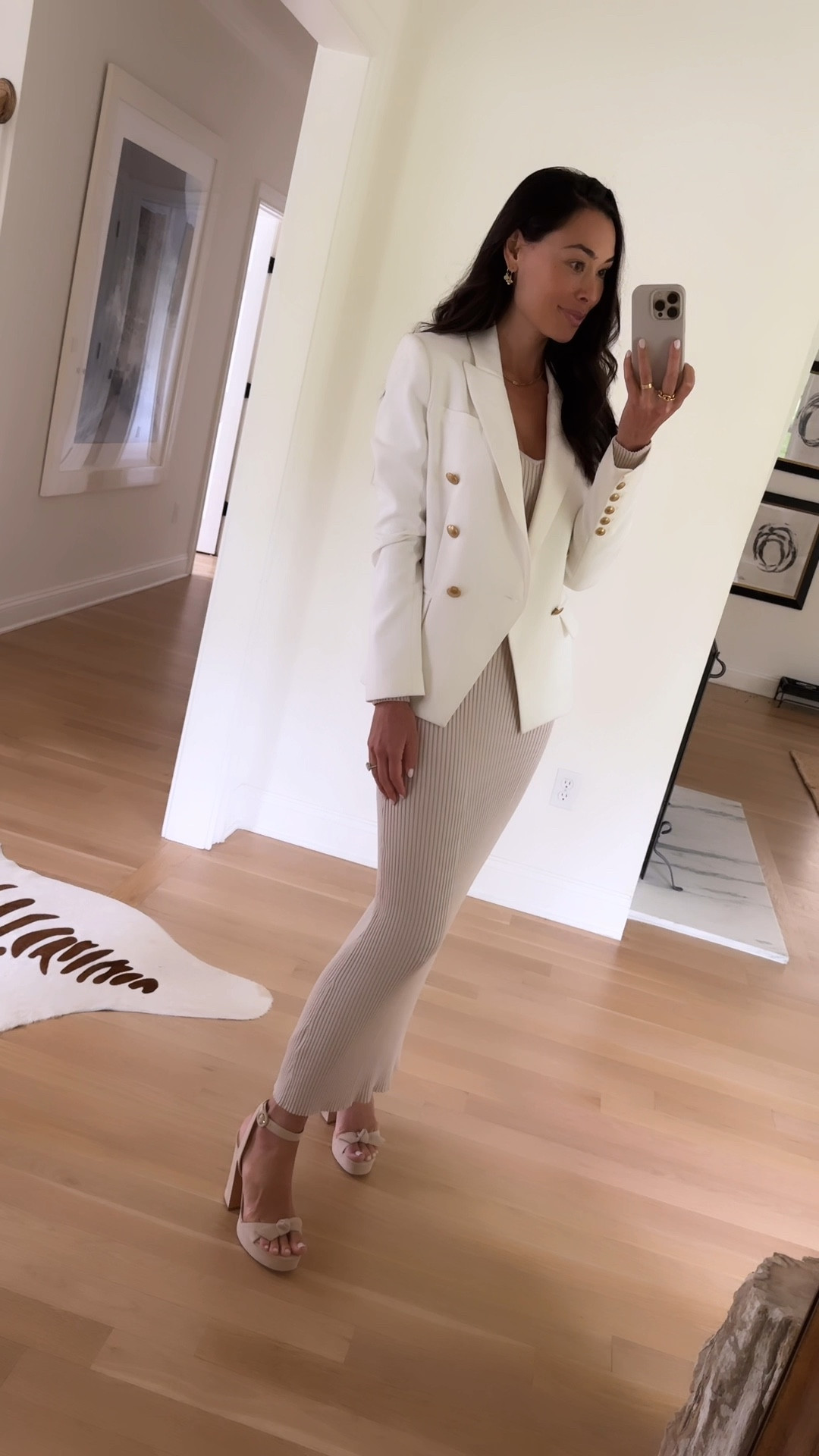 White blazer, sweater knit dress, platform sandals. 

#LTKParties #LTKShoeCrush #LTKSeasonal