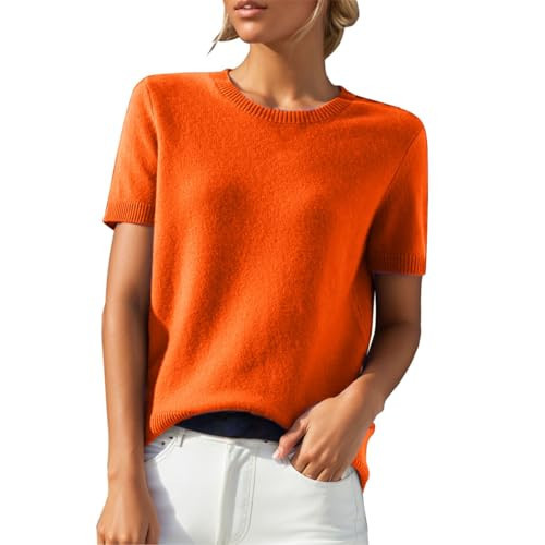 Cozy Sweaters for Women Quiet Luxury Clothes Cashmere Sweaters for Women Fashion Lightweight Crew Neck Short Sleeve Wool Sweater Tops Plus Size Business Casual Loose Cute Shirts Pullover Orange | Amazon (US)
