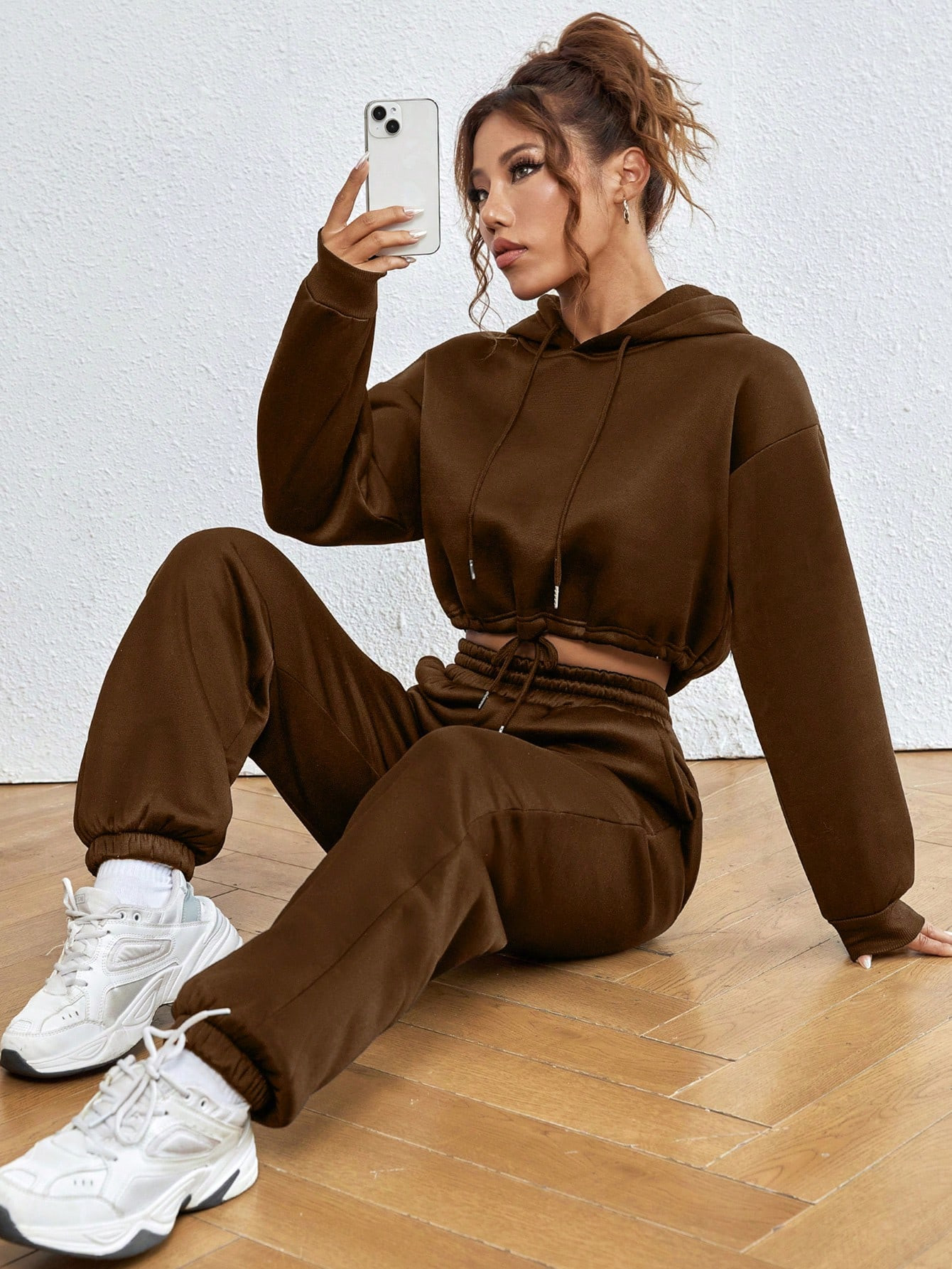 Drop Shoulder Drawstring Crop Hoodie & Sweatpants | SHEIN