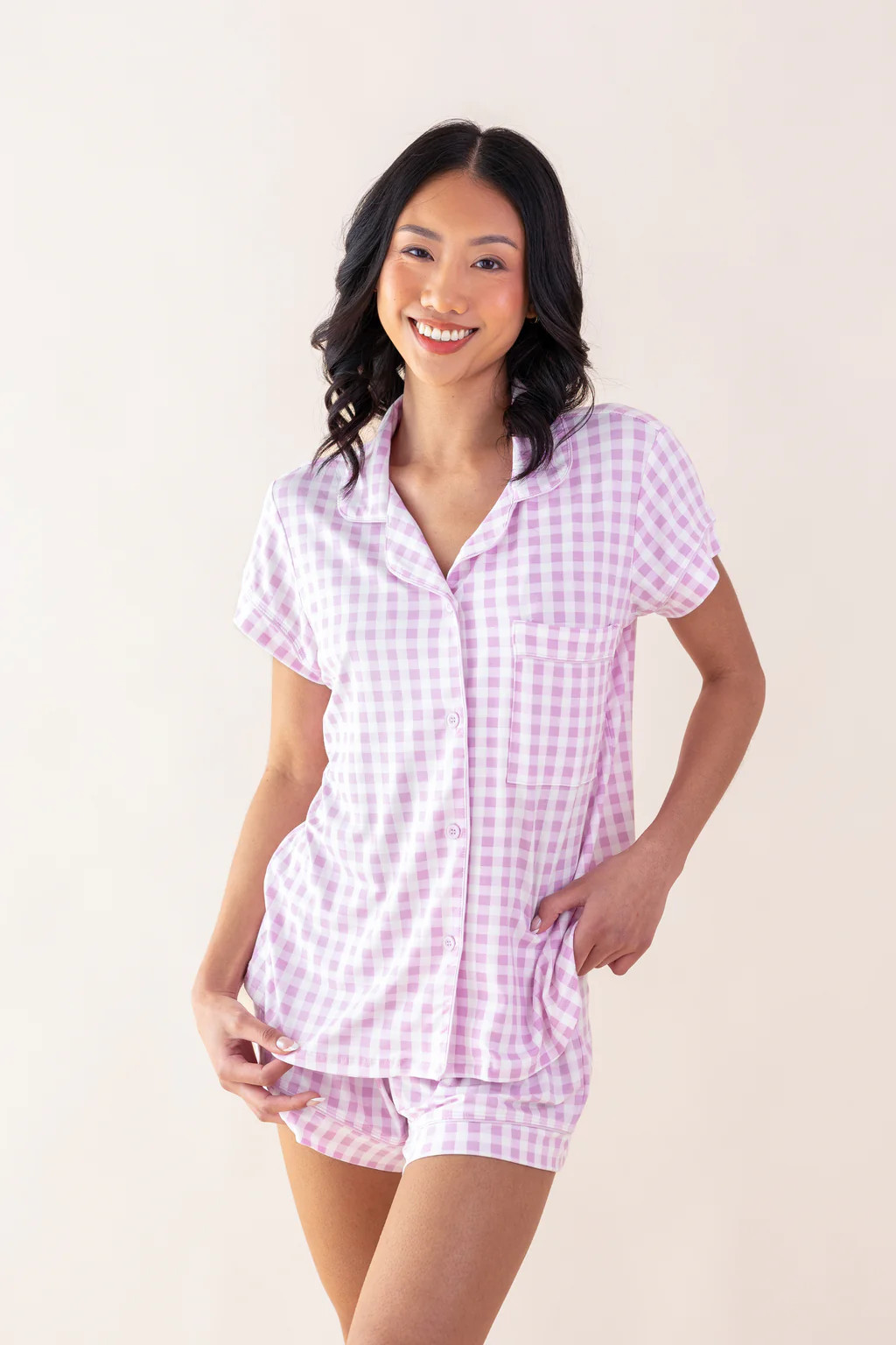 Women's Short Sleeve Pajama Set in Gingham Thistle | Kyte Baby