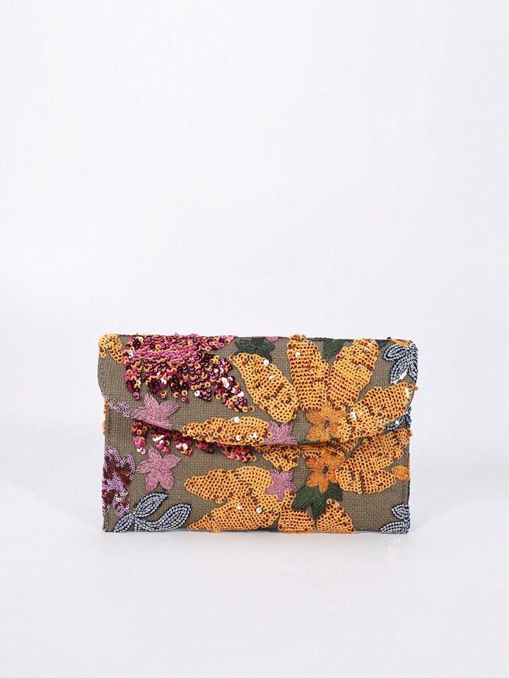 Random Pattern Glitter Flower Embroidery & Patchwork Envelope Clutch Bag | SHEIN