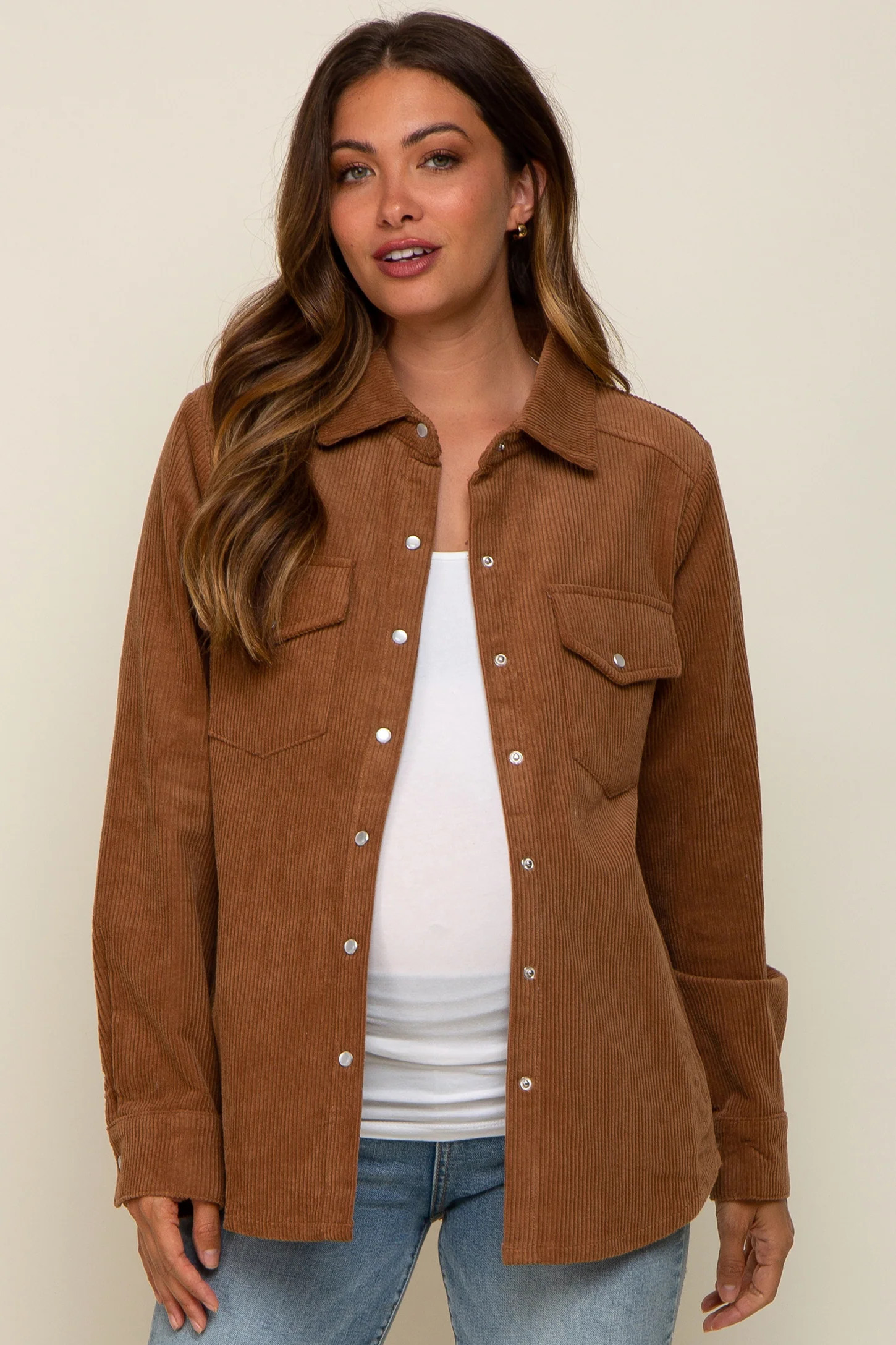 Camel Corduroy Button Front Long Sleeve Maternity Top | PinkBlush Maternity