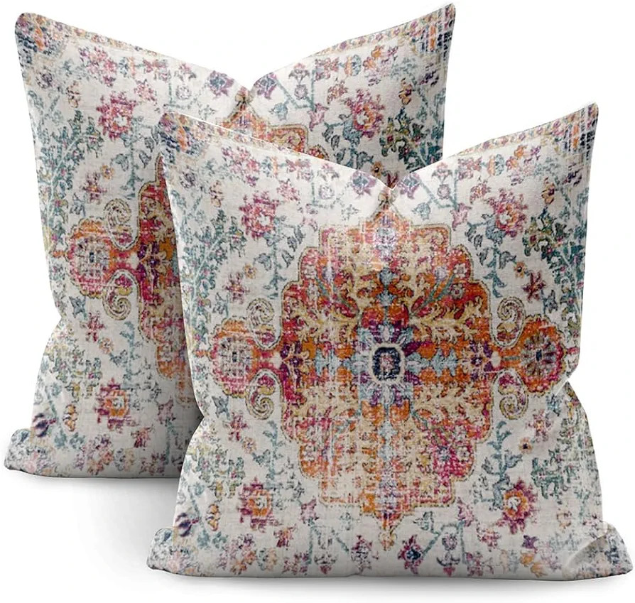 Boho Pillow Covers 20x20 Set of 2,Orange Blue Throw Pillow Covers Outdoor Decorative Linen Pillow... | Amazon (US)