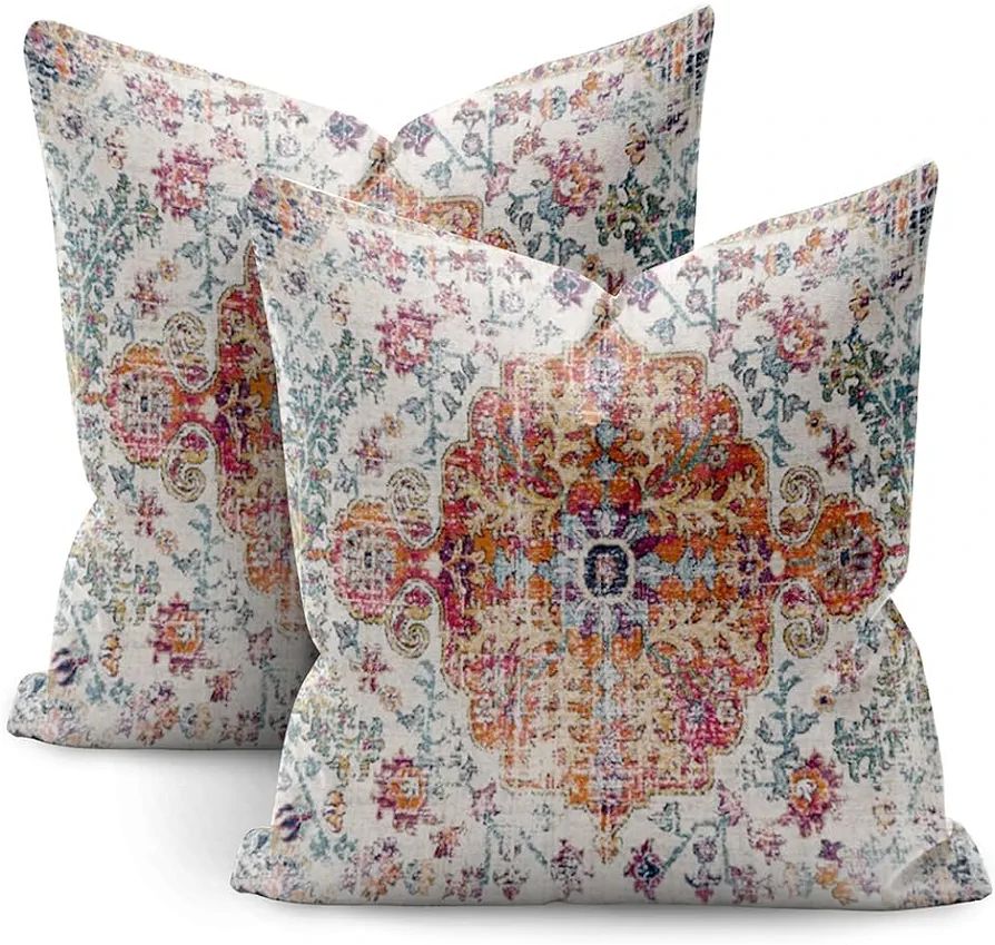 Boho Pillow Covers 20x20 Set of 2,Orange Blue Throw Pillow Covers Outdoor Decorative Linen Pillow... | Amazon (US)