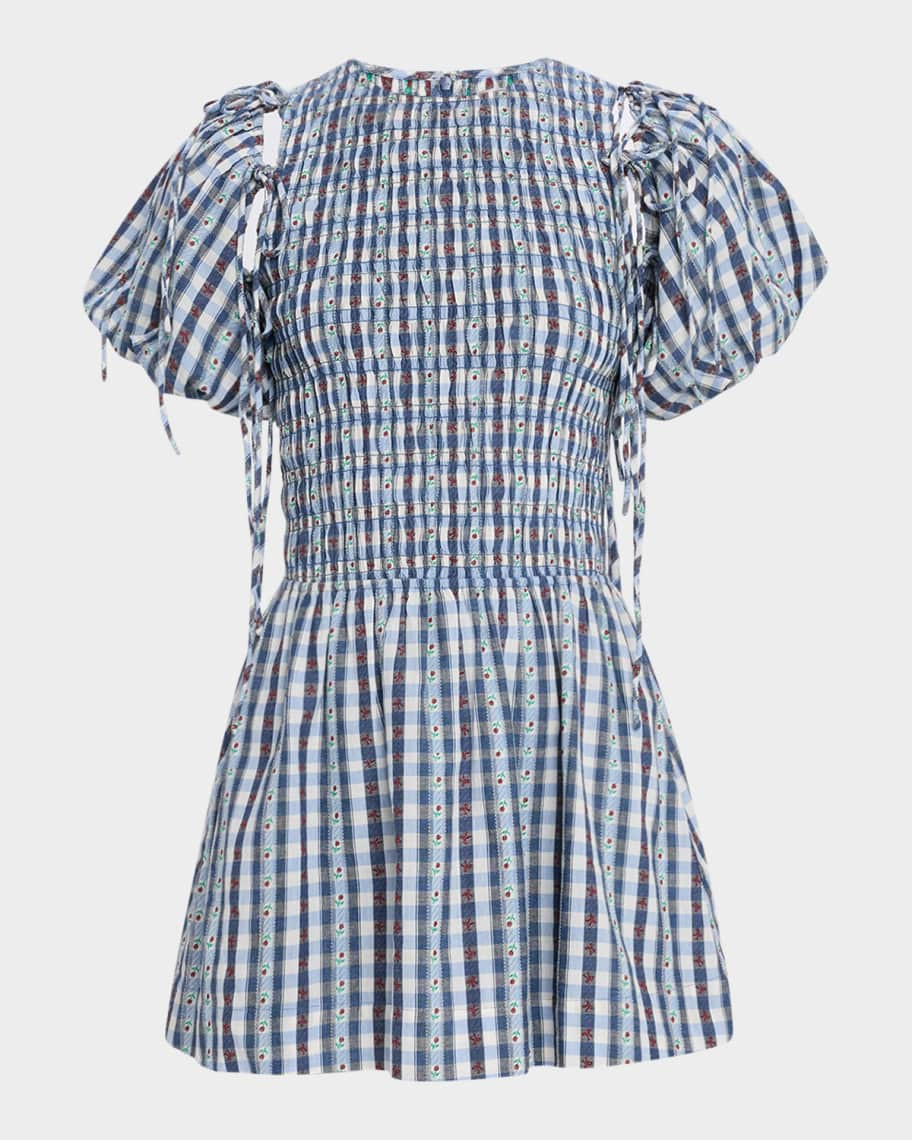 Becca Puff-Sleeve Check Mini Dress | Neiman Marcus