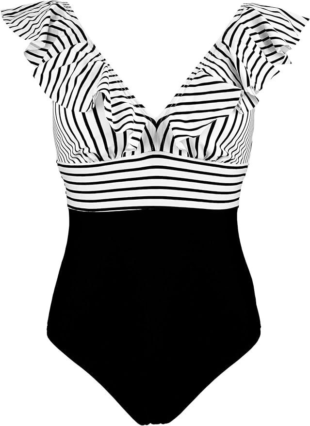 COCOSHIP Women's One Piece Bather Deep V Neckline Bikini Striped Front Backless Swimsuit Flounce ... | Amazon (US)