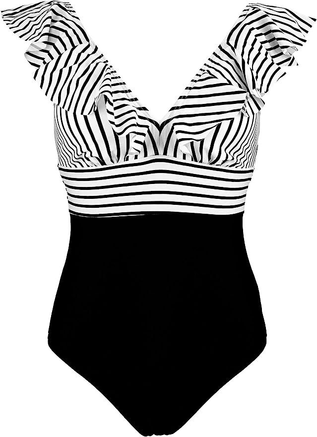 COCOSHIP Women's One Piece Bather Deep V Neckline Bikini Striped Front Backless Swimsuit Flounce ... | Amazon (US)