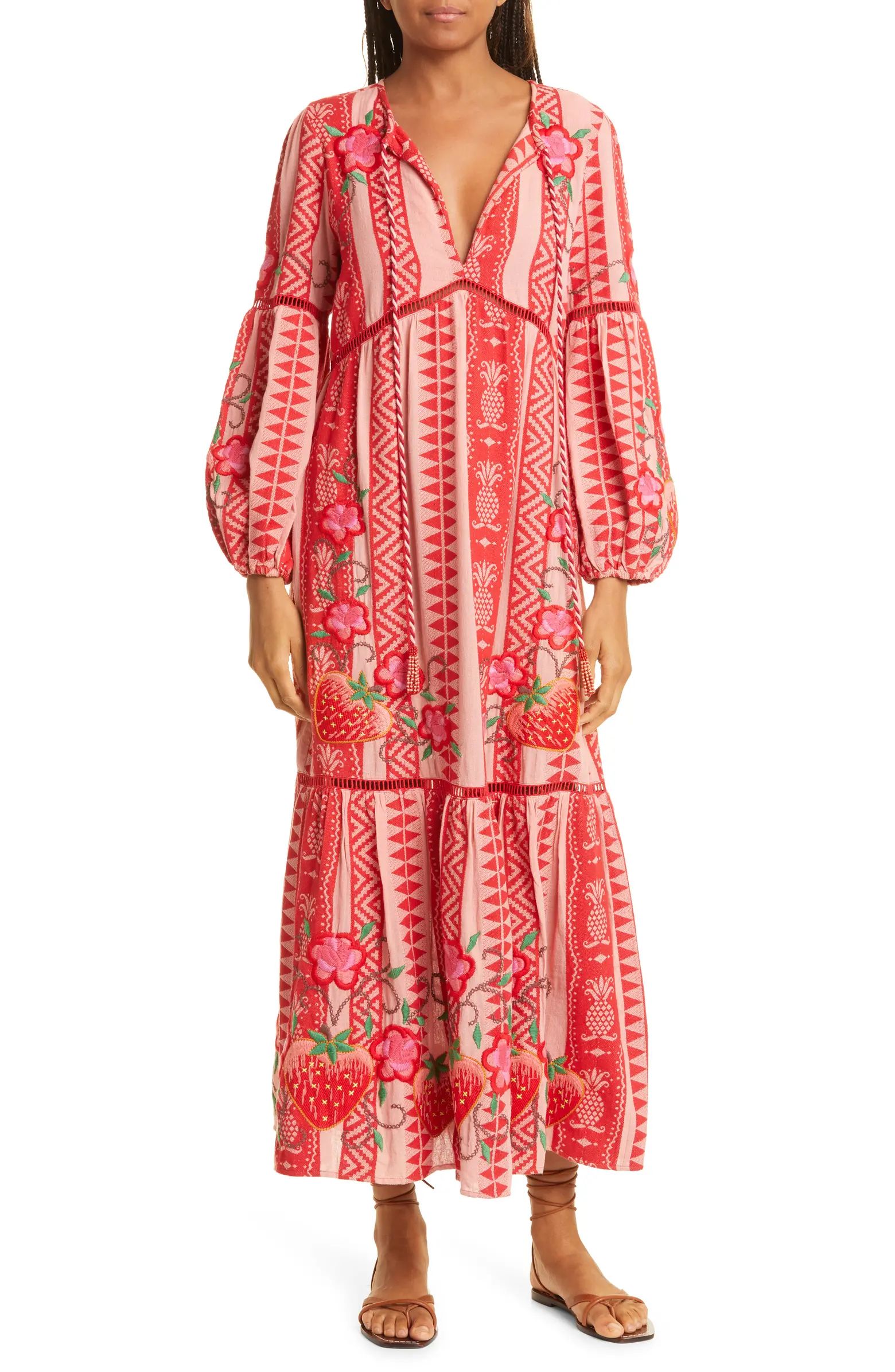 FARM Rio Embroidered Jacquard Long Sleeve Tiered Cotton Maxi Dress | Nordstrom | Nordstrom