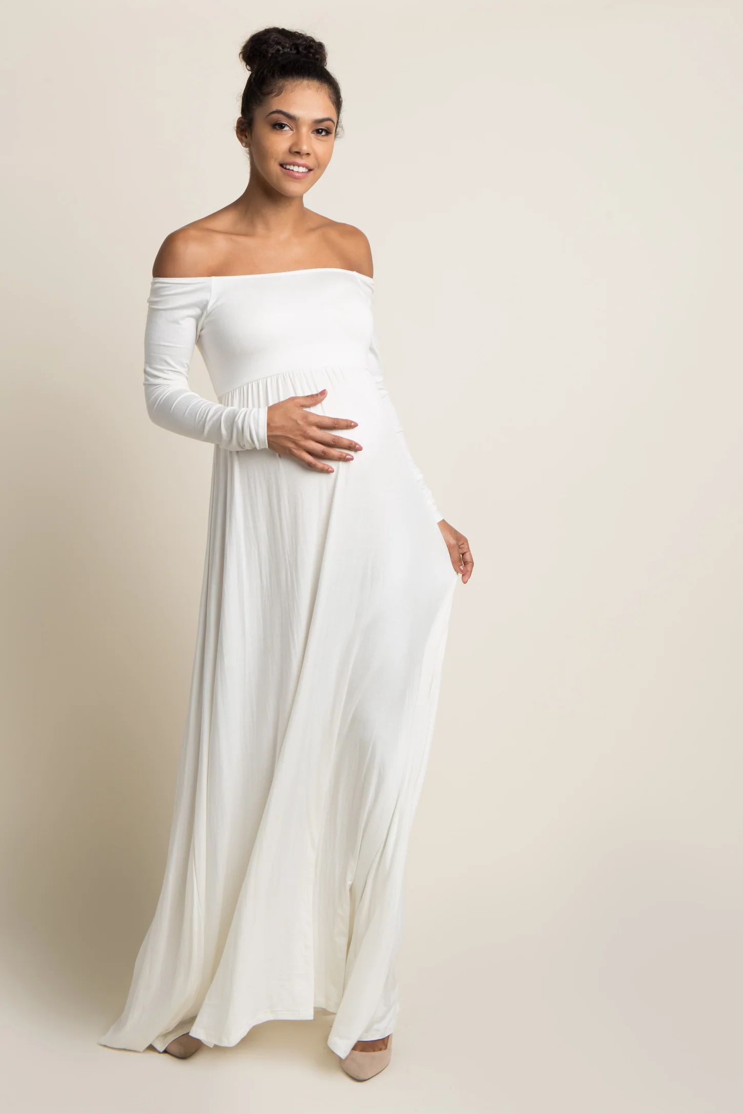 PinkBlush Ivory Solid Off Shoulder Maternity Maxi Dress | PinkBlush Maternity