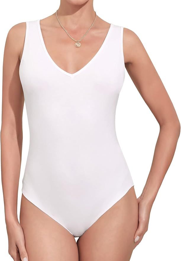 MANGDIUP Bodysuit for Women V-Neck Scoop Neck Sleeveless Soft Comfortable Basic Tank Tops | Amazon (US)